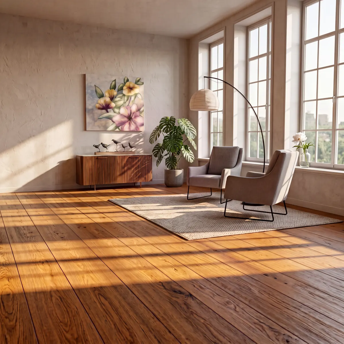 A calm, sunlit therapy room with two armchairs, a potted plant and tall windows