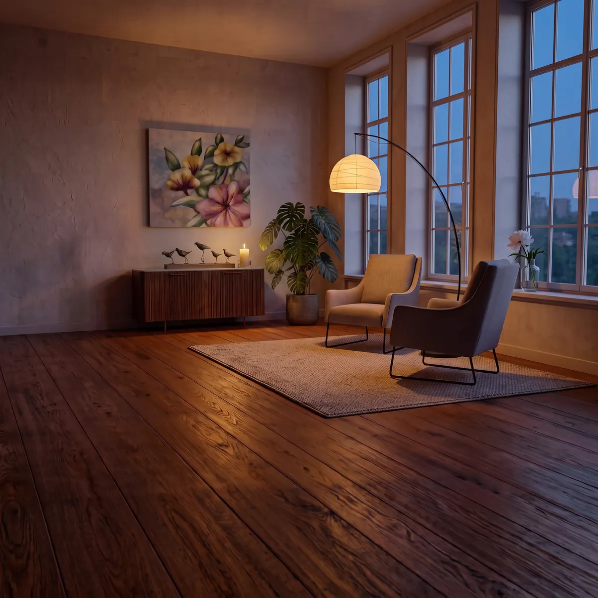 The same therapy room in the evening, lit by a floor lamp